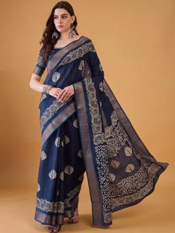 Akhilam - Women'S Silk Blend Navy Blue Printed Festive Saree