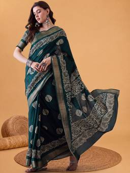 Akhilam - Women'S Silk Blend Dark Green Printed Festive Saree