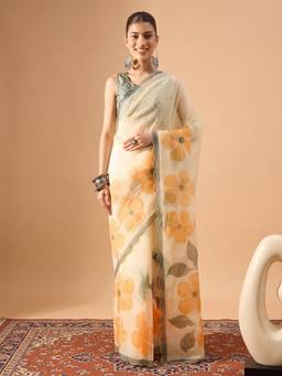 Akhilam - Women'S Organza Cream Printed Saree