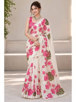 FLOSIVE - Women's Satin Zarkhad Diamonds Floral White Saree