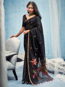 Sareemall - Women's Muga Cotton Black Woven Design Saree