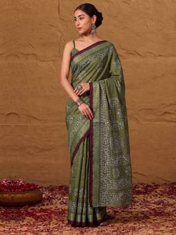 Sareemall - Women's Cotton Olive Printed Celebrity Saree