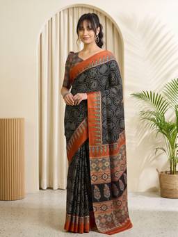 Sareemall - Women's Satin Black Printed Saree