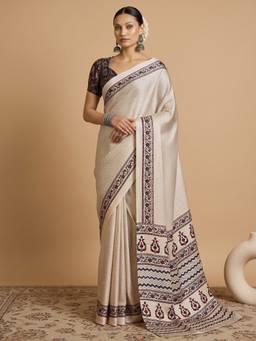 Akhilam - Women'S Satin Cream Printed Saree