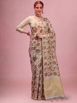 Sareemall - Women's Tissue Beige Printed Saree