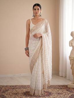 Akhilam - Women'S Georgette Off White Embellished Saree