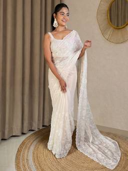 Akhilam - Off White Georgette Embellished Saree