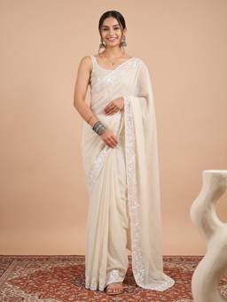 Akhilam - Women'S Georgette Off White Embellished Saree