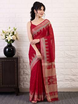 Akhilam - Women'S Cotton Linen Red Printed Saree