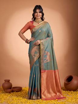 Sareemall - Women's Silk Teal blue Woven Design Saree