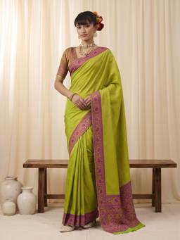 Sareemall - Women's Silk Blend Olive Woven Design Saree