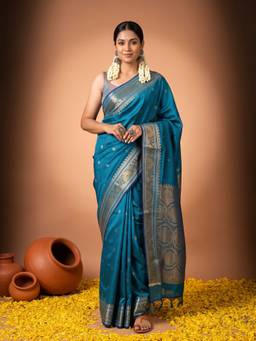 Sareemall - Women's Silk Blend Tealblue Woven Design HandloomSaree