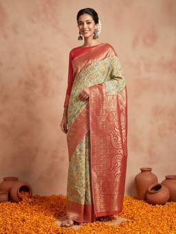 Sareemall - Women's Silk Blend Green Woven Design Saree