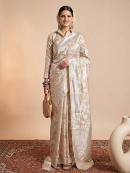 Akhilam - Women'S Organza Cream Woven Design Festive Saree