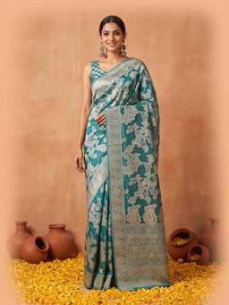 Sareemall - Women's Organza Light Blue Woven Design Saree