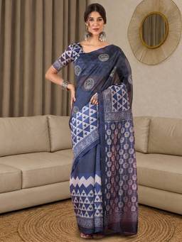 Akhilam - Indigo Silk Blend Embroidered Saree