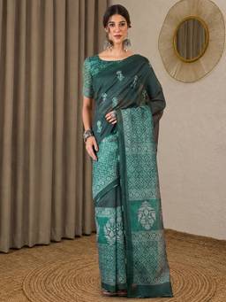 Akhilam - Green Silk Blend Embroidered Saree
