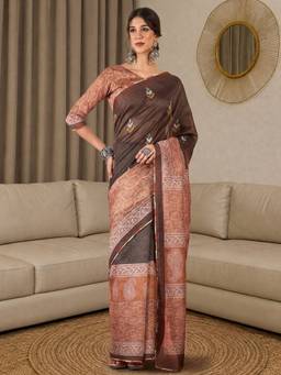 Akhilam - Brown Silk Blend Embroidered Saree