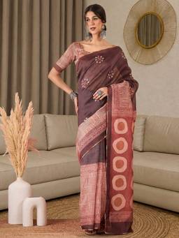 Akhilam - Light Brown Silk Blend Embroidered Saree