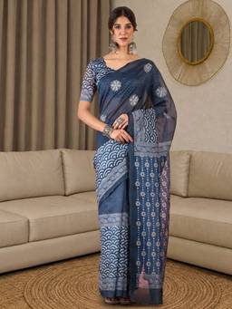 Akhilam - Blue Silk Blend Embroidered Saree