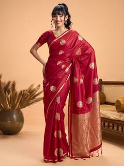 Akhilam - Red Satin Woven Saree