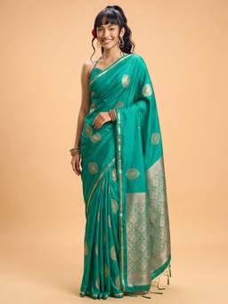 Akhilam - Teal Satin Woven Saree