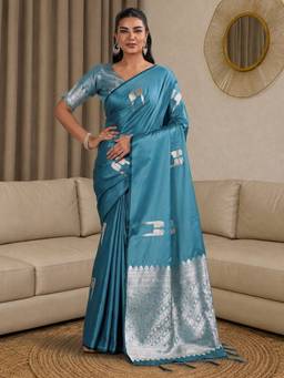 Akhilam - Light Blue Satin Woven Saree