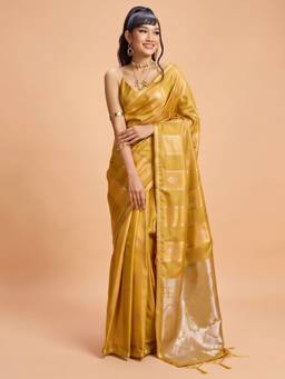Akhilam - Women'S Satin Mustard Woven Design Saree