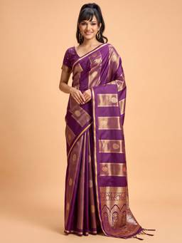 Akhilam - Women'S Satin Wine Woven Design Saree