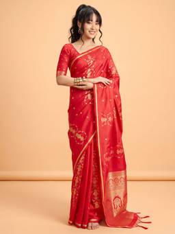 Akhilam - Women'S Satin Red Woven Design Saree