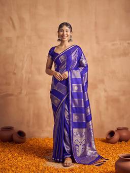 Sareemall - Women's Satin Blue Woven Design Saree