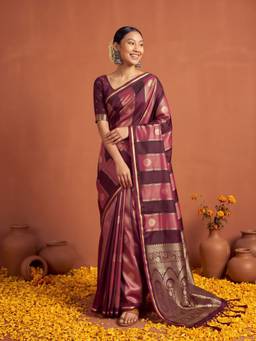 Sareemall - Women's Satin Wine Woven Design Saree