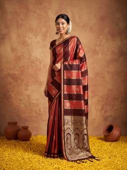Sareemall - Women's Satin Maroon Woven Design Saree