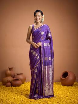 Sareemall - Women's Satin Purple Woven Design Saree