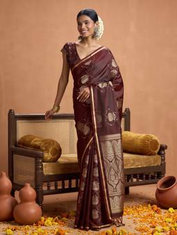 Sareemall - Women's Satin Brown Woven Design Saree