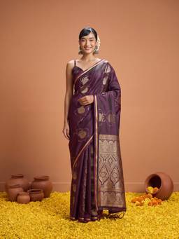 Sareemall - Women's Satin Purple Woven Design Saree