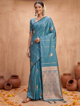 Sareemall - Women's Satin Silk Teal blue Woven Design HandloomSaree