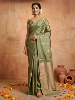 Sareemall - Women's Satin Silk Olive Woven Design HandloomSaree