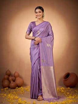Sareemall - Women's Satin Silk Lavender Woven Design HandloomSaree