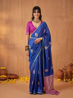 Sareemall - Women's Satin Silk Blue Woven Design Saree