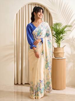 Akhilam - Women'S Satin Off White Printed Saree