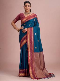 Akhilam - Blue Tussar Silk Woven Saree