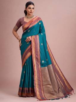 Akhilam - Teal Tussar Silk Woven Saree