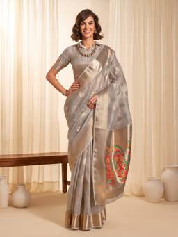 Sareemall - Women's Tissue Grey Woven Design Saree