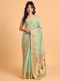Akhilam - Women'S Tissue Mint Green Woven Design Saree