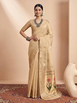 Akhilam - Women'S Tissue Cream Woven Design Saree