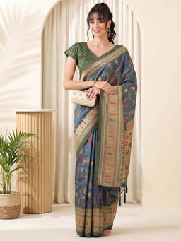 Akhilam - Blue Cotton Blend Printed Saree