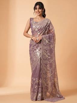 Akhilam - Mauve Organza Embroidered Saree