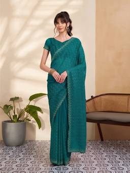 Sareemall - Women's Tissue Teal green Embroidered Saree