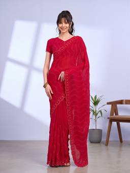 Sareemall - Women's Tissue Red Embroidered Saree